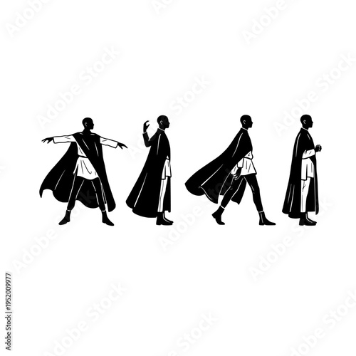 Four black silhouette illustrations of a man in different poses