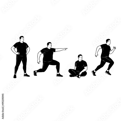 A minimalist black and white illustration showing a man performing four different physical poses