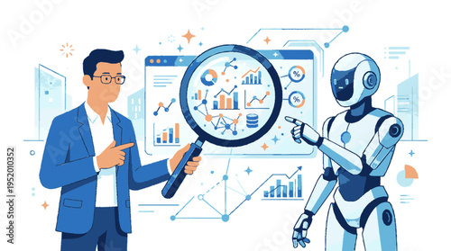 Businessman and ai robot analyzing data with magnifying glass futuristic infographics background