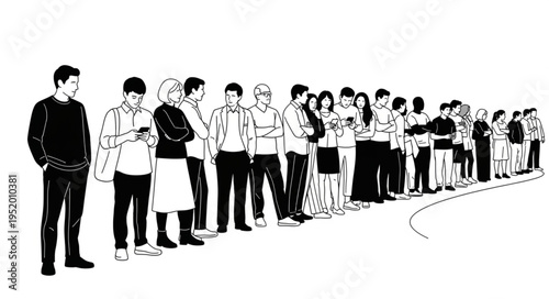 A long line of people waiting in an orderly fashion.