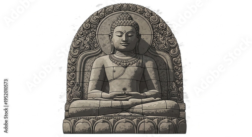 Detailed Stone Carving of a Meditating Buddha Figure with Ornate Halo.