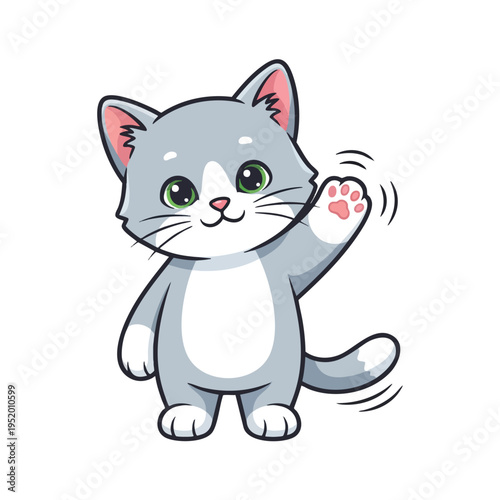 Cute cartoon gray kitten with green eyes waving hello cheerfully