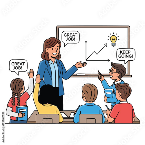 Teacher encourages students with positive reinforcement and celebrates progress with a graph