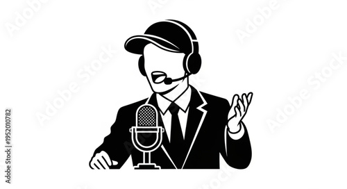 Illustration of a man in a suit with a microphone and headset, possibly a podcaster or commentator.