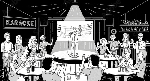 Monochrome Illustration of a Stand-Up Comedian Performing on Stage.