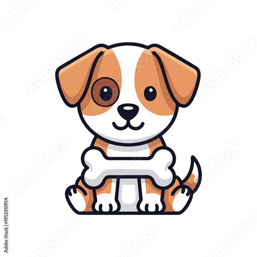 Adorable cartoon dog with bone, sitting happily