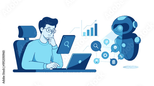 Man searching data on laptop with robot assistant nearby analyzing information