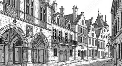 Detailed Architectural Sketch of a Historic European Street.