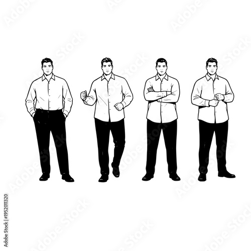 A black and white line art illustration of the same man posing in four different professional ways