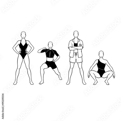 A collection of four female character poses showcasing various swimwear and casual summer outfits