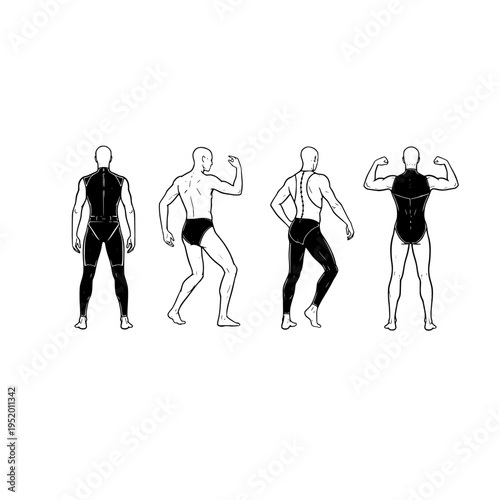 An illustration showing four different poses of a male figure wearing athletic bodysuits in black