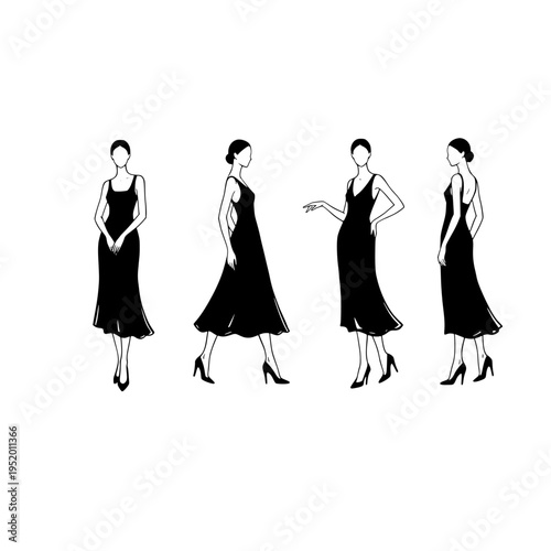 A minimalist black and white fashion illustration showing four women in different elegant poses