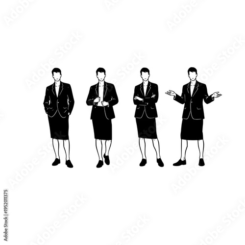 A minimalist black and white illustration of four businesswomen standing in different poses alone