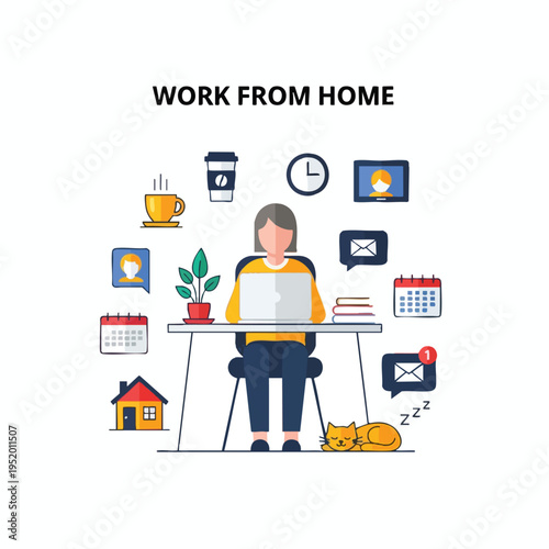 Person working at a desk with laptop, coffee, calendar, mail, and a sleeping cat