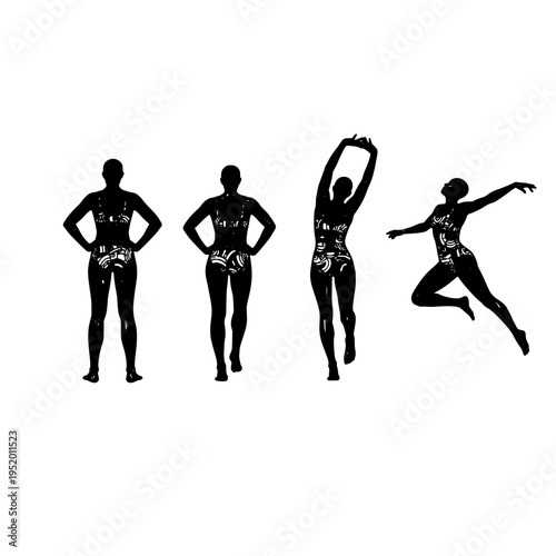 Four black silhouettes of synchronized swimmers in patterned swimsuits performing various poses