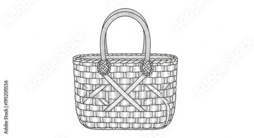 Detailed Line Art of a Woven Basket with Handles.