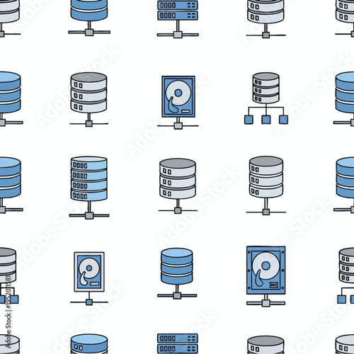 Stylized icons of database servers, hard drives, and server racks on white background
