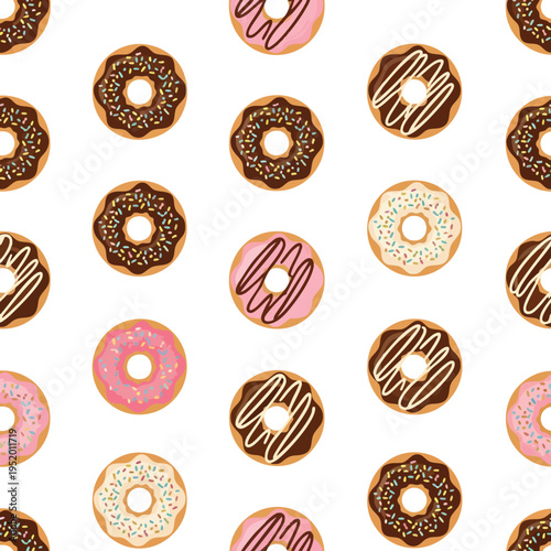 A cheerful, repeating pattern of assorted iced donuts with sprinkles and drizzles