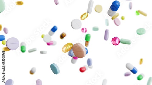 Abstract Pharmaceutical Rain Concept: Diverse Pills Falling in Slow Motion, 4K High Quality 3D.