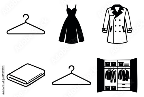 Graphic icon clothing and storage set featuring hangers, a dress, a trench coat, a folded textile, and an open wardrobe for fashion and domestic organization