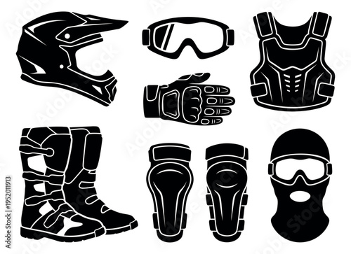 Line art motocross protective gear set featuring safety accessories for extreme sports