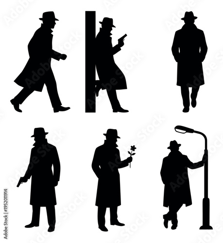 Stylized silhouette detective set featuring men in trench coats and fedoras in various poses for mystery and crime stories