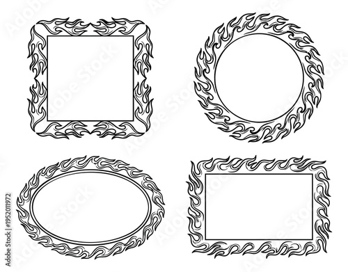 Line art frames set featuring four different flame borders for custom designs