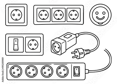 Hand drawn line art electrical outlets set featuring wall sockets, power strips, and an adapter plug for power supply and home electronics