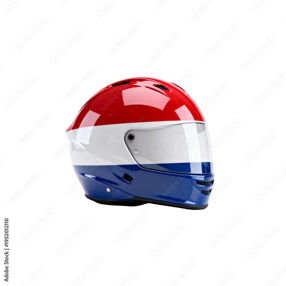 Fototapeta premium Sports Helmet Fully Covered in Netherlands Flag Red White Blue Design, Dutch Patriotic Protective Gear Isolated on White Transparent Background