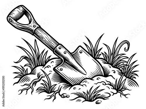 Hand drawn line art illustration of a shovel depicting it stuck in soil for gardening activities