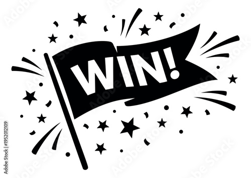 Graphic style illustration of a flag with 'WIN!' text depicting success and celebration for promotional campaigns