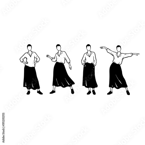 A series of black and white line art illustrations featuring a woman posing in a long skirt outfit