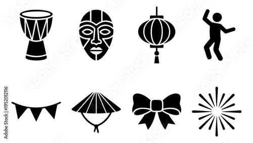 Graphic icons set featuring a drum, mask, lantern, dancer, bunting, hat, bow and fireworks for cultural celebrations and festivities