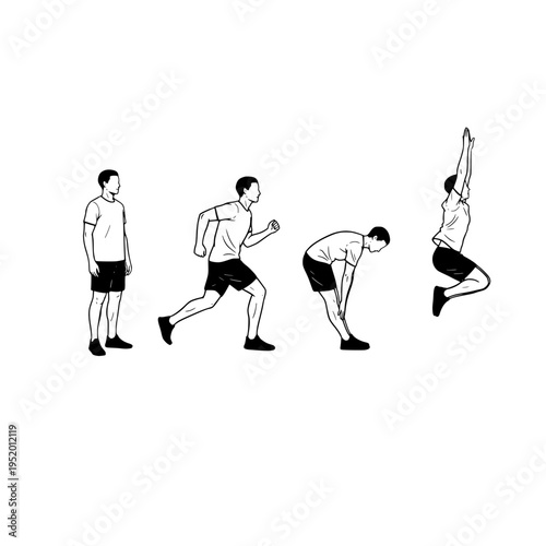 A black and white instructional illustration showing the sequential steps of a jumping exercise
