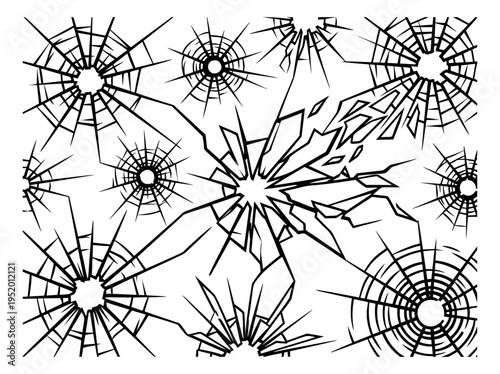 Line art broken glass set featuring various shattered patterns and bullet holes for special effects and design