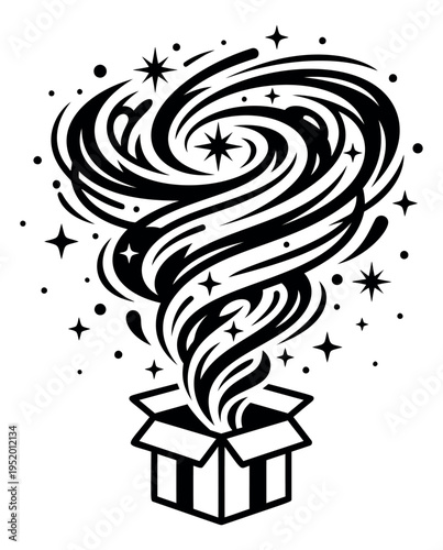Line art illustration of a mystery box depicting a magical swirling effect with stars for surprise