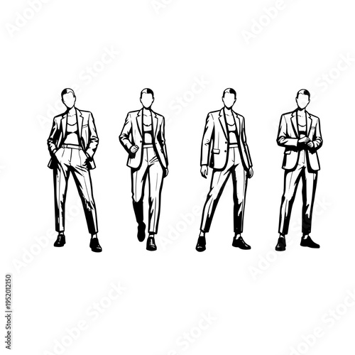 Four monochromatic sketches of fashion models wearing tailored suits on a solid white background