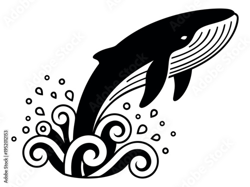 Stylized illustration of a whale depicting breaching in the ocean for marine life design