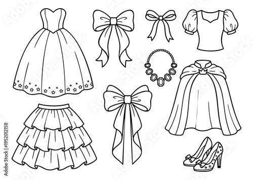 Hand drawn line art princess fashion set featuring a gown, skirt, top, cape, shoes, necklace, and bows for fairy tale themes