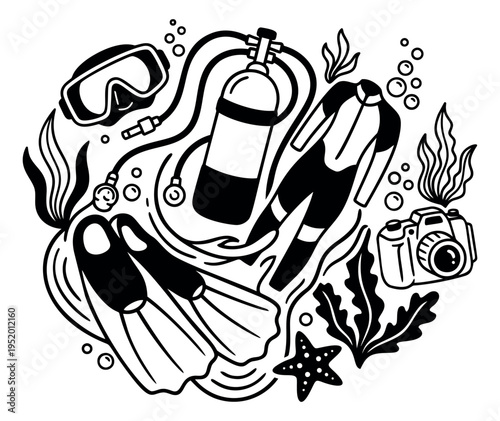Hand drawn line art scuba diving gear set featuring a diving mask, oxygen tank, wetsuit, and fins for underwater adventure