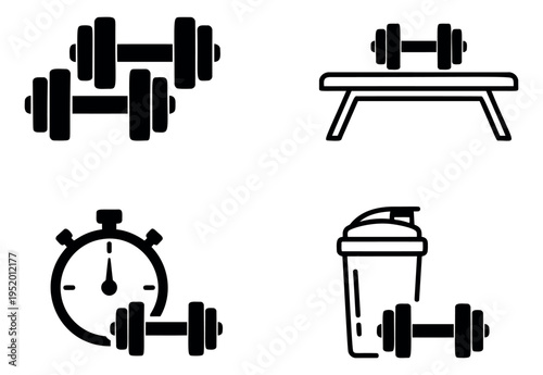 Line art fitness icon set featuring dumbbells, a weight bench, a stopwatch, and a protein shaker for gym and workout concepts