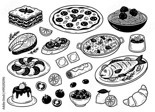 Hand drawn line art food dishes set featuring Italian cuisine and seafood for a restaurant menu