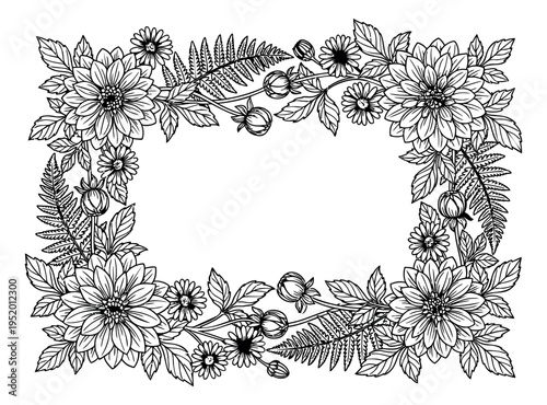 Hand drawn line art floral frame set featuring dahlias, daisies, fern leaves, and flower buds for botanical designs and decorations