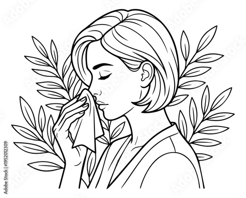 Hand drawn line art illustration of a woman depicting blowing her nose with a tissue for health and allergy concepts