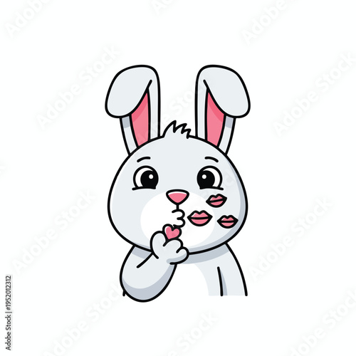 A cartoon rabbit blowing kisses with heart and lip marks against a white background