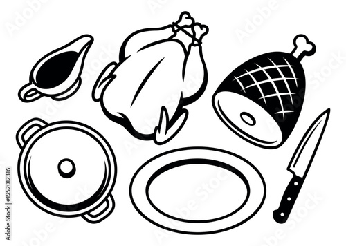 Classic line art dinner essentials set featuring a roasted chicken, ham, gravy boat, and kitchen items for holiday meal preparation