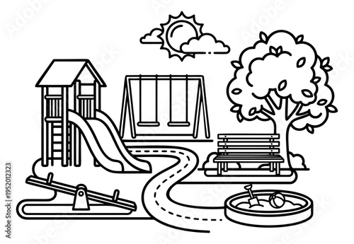 Line art playground set featuring a slide, swings, seesaw, sandbox, tree, and bench for outdoor children's play