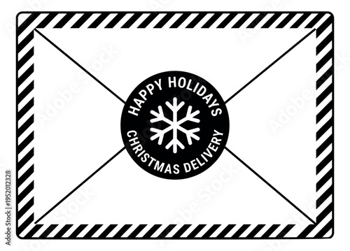 Minimalist line art illustration of a christmas delivery stamp depicting a holiday message and a snowflake for festive mail and shipping