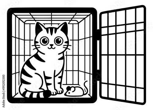 Cute hand drawn line art illustration of a striped cat sitting in an open pet carrier with a mouse toy depicting pet care and animal welfare
