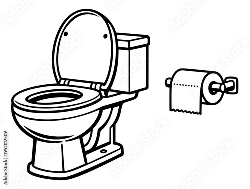 Line art bathroom elements set featuring a toilet and toilet paper roll for hygiene and restroom concepts